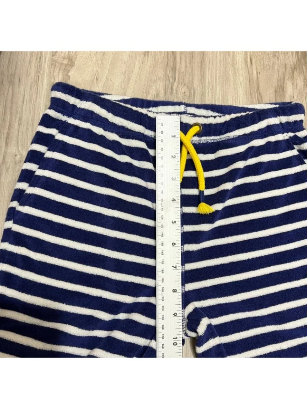 Mini Boden Toweling Shorts Size 10Y Blue White Striped Terry Cloth Yellow Pocket